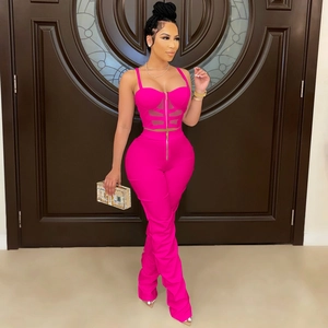 Bright pink two-piece women set featuring a zipper tube top and high waist slim pants