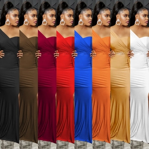 Collage of slim fit one-shoulder long dresses in eight various vibrant solid colors