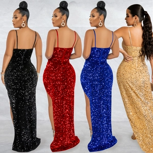 Sparkly sequin bodycon maxi dress with spaghetti straps and high slit in four colors