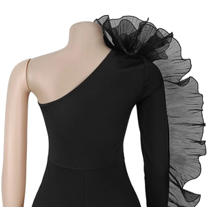Detail view of the elegant ruffled mesh lace on a black one-shoulder slim-fit dress