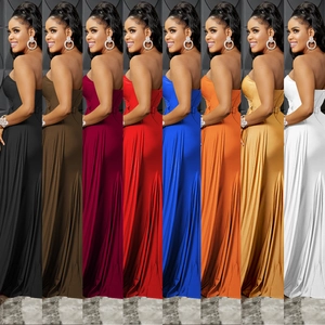 Formal floor-length tube dresses shown in eight vibrant colors including red and blue