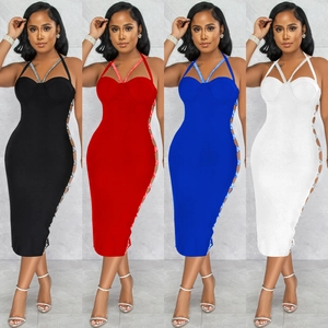 Sexy Robe Midi Bodycon Dos Nu avec Halter Femme Strass Découpes Latérales Croisées Party Clubwear Élégante Robe de Soirée
