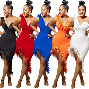 V-neck sleeveless bodycon dress with feather fringe trim in five vibrant colors