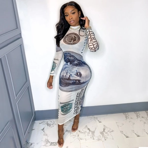 Sexy mesh bodycon dress with dollar bill print long sleeves and high neck slim fit