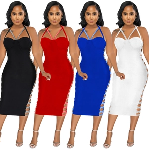 Robe midi licou sexy avec bretelles en strass et découpes latérales en quatre couleurs