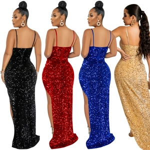 Detailed close-up of sequined mesh dresses in black, red, blue, and gold with side slits