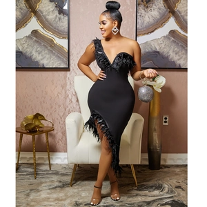 Elegant black V-neck sleeveless bodycon dress with faux feather trim and asymmetric hemline