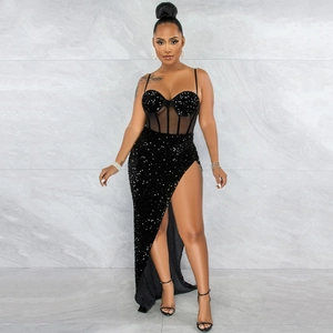 Elegant black sequin evening gown with thin straps, sheer mesh detail and high leg slit