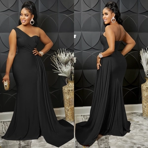 Elegant black one-shoulder slim fit evening gown with mermaid tail and draped waist detail