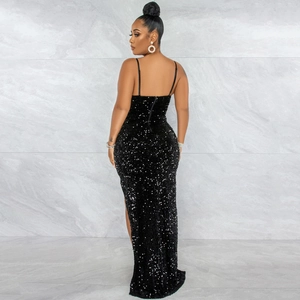 Detail of high-density black sequins and side slit on this mesh strap evening gown