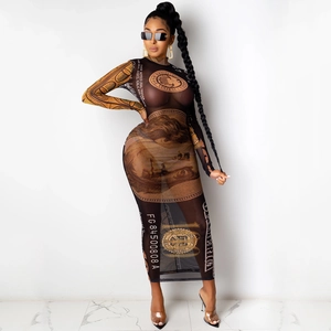 Close-up of sheer black mesh dress featuring intricate money print and dollar bill patterns