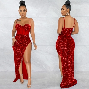 Detail of red sequin evening dress featuring thin straps and corset-style bodice structure