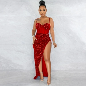 Elegant red sequin corset maxi dress with high slit and sleeveless strap design