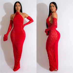 Detail of red halter dress with rose neck design and lace side panels with long gloves