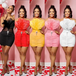 Feather Strapless Bodycon Mini Dress Ruched Mesh Patchwork Rhinestone Evening Party Clubwear Women Elegant Tube Top Dress