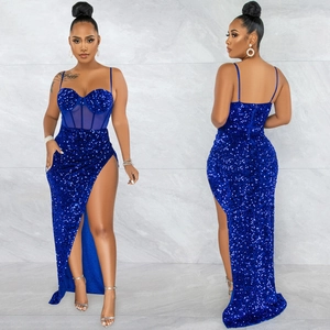 Detailed front and back view of royal blue sequined dress with mesh corset and side slit