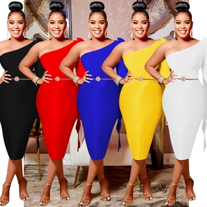 Elegant One Shoulder Midi Bodycon Dress with Large Bowknot and Floral Belt for Women Evening Party Banquet