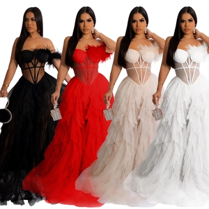 Sleeveless mesh maxi dress with feather bodice and fishbone corset in multiple colors