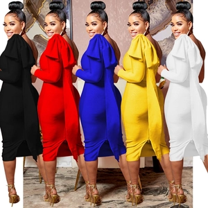 Elegant one-shoulder bodycon midi dress with oversized bow detail in five vibrant colors