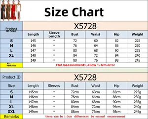 Detailed size chart for V-neck slit maxi dress including measurements from S to XXL