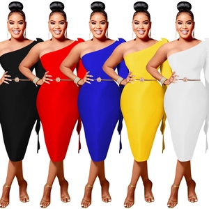 Slim fit one-shoulder cocktail dresses in five colors with decorative golden waist belts