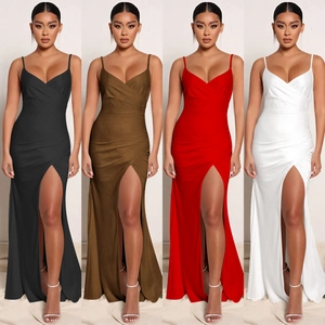 Women Sexy Satin V Neck Spaghetti Strap Long Dress Elegant High Slit Evening Party Gown For Banquet Wedding Lady