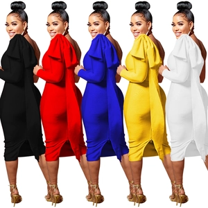 Detailed display of slim-fit one-shoulder dresses with cascading ruffle and long streamer