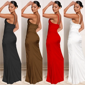 Elegant solid color satin maxi dress with thin straps and V-neck in four colors
