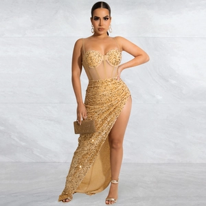 Detailed corset-style bodice with champagne gold sequins and mesh bone structure