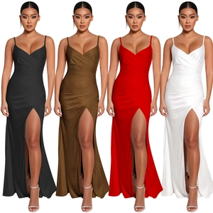 Elegant satin V-neck slit evening gown displayed in black, brown, red, and white colors