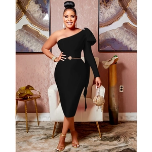Elegant black one-shoulder midi dress with oversized bow detail and slim fit for parties