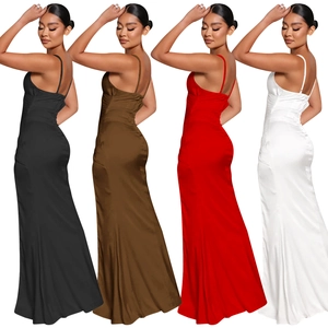 Detail showing sleek satin bodycon dresses in black, brown, red, and white color variants