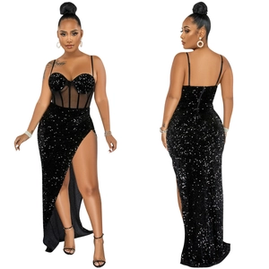 Front and back view of a sequined mesh dress with corset bodice and high slit detail