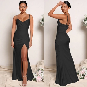Detail of elegant black satin evening dress with deep V-neck and high side split detail