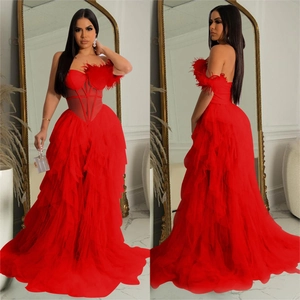 Detail of red strapless evening dress with feather trim and layered tulle skirt