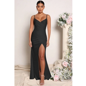 Elegant black deep V-neck slit evening gown with thin straps and slimming pleats