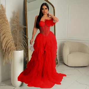 Elegant red corset tulle gown featuring feather details and voluminous layered mesh skirt