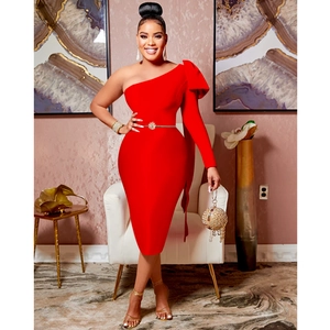 Elegant one-shoulder red midi dress with oversized bow detail and gold flower belt