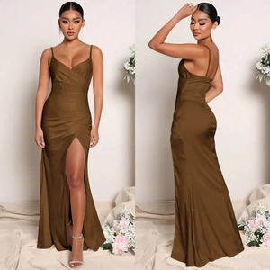 Detailed view of dark brown satin maxi dress with spaghetti straps and high slit