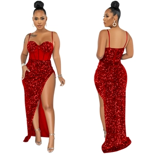 Detailed front and back view of red sequin evening dress with slit and spaghetti straps
