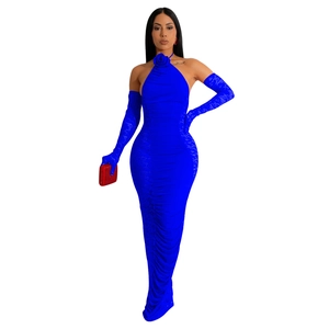 Detail of blue halter maxi dress with 3D rose accent and matching lace long gloves