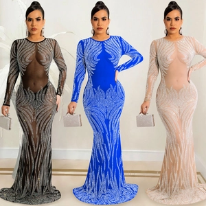 Vestito Maxi Sexy da Donna a Maniche Lunghe in Maglia Trasparente con Strass Intarsiati Elegante Sirena Abito da Sera Banchetto