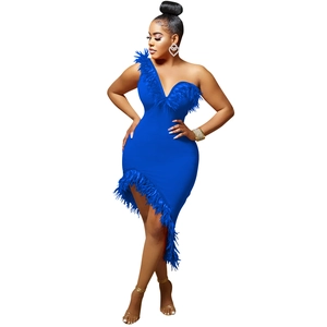 Detail view of the royal blue dress showing elegant feather trim and slim fit design