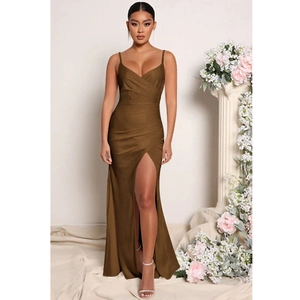 Brown satin evening gown with cross V-neck and high side slit for a slim fit look