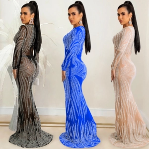 Abito lungo sexy in rete trasparente con strass nei colori nero, blu reale e albicocca