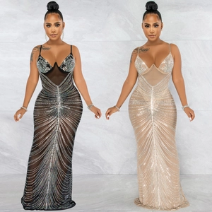 Elegantes Damen Netz Durchsichtig Strass Abendkleid Sexy Ärmellos Rückenfrei Bodenlang Meerjungfrau Party Kleid Eng Formelles Kleid