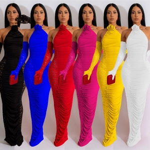Elegant Halter Backless Maxi Dress and Lace Gloves With 3D Rose Flower Ruched Bodycon Evening Party Gown For Women