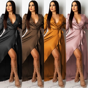 Élégante Robe Maxi en Satin Col en V Profond Sexy Manches Longues Fente Haute Robe de Soirée Banquet Mode Femme