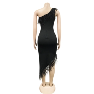 Detailed back view of a black one-shoulder dress featuring delicate feather trim and slim fit