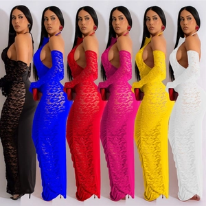 Slim fit backless maxi dress with lace gloves and side paneling in six vibrant colors